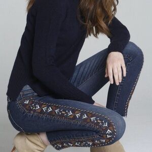 DRIFTWOOD Jackie Aztec Embroidered Mid Rise Raw Hem Skinny Jean Denim
